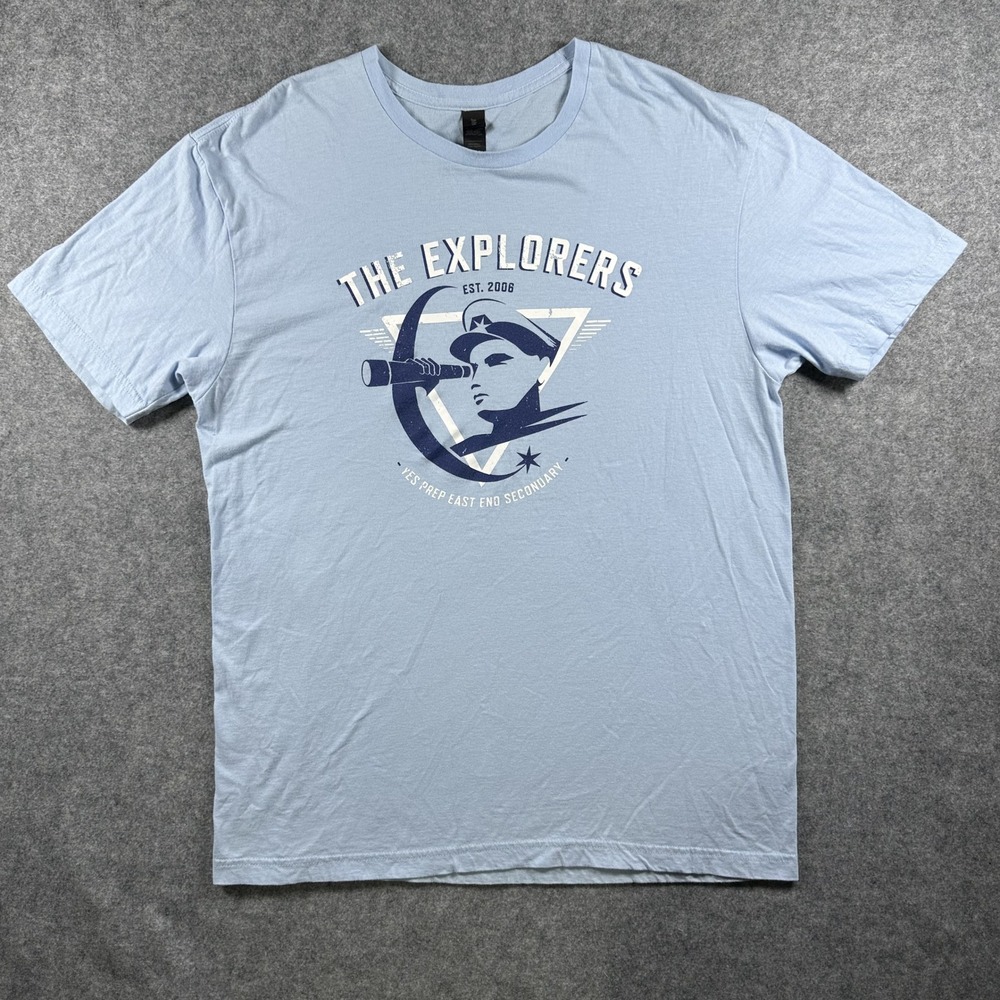 Gildan Softstyle The Explorers T-Shirt Large Light Blue Graphic Cotton‎ Tee
